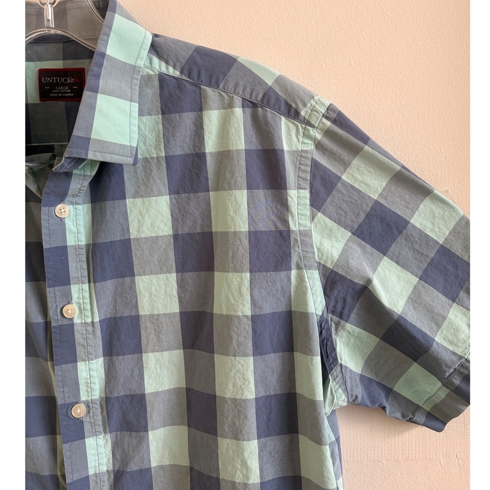 UNTUCKit Mens Lg Short Sleeve Cotton Button Down Shirt Green Navy Buffalo Check - Picture 4 of 5
